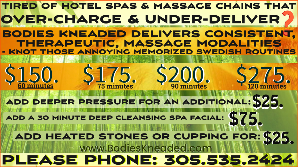 Bodies Kneaded Massage Spa  South Beach Miami Since 1996  www.BodiesKneaded.com  305.535.2424 