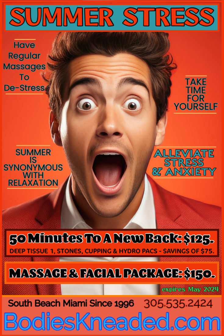 2024 Web Advert - A Picture of a Man Stressed Out | Bodies Kneaded Massage Spa South Beach Miami Since 1996 www.BodiesKneaded.com 305.535.2424