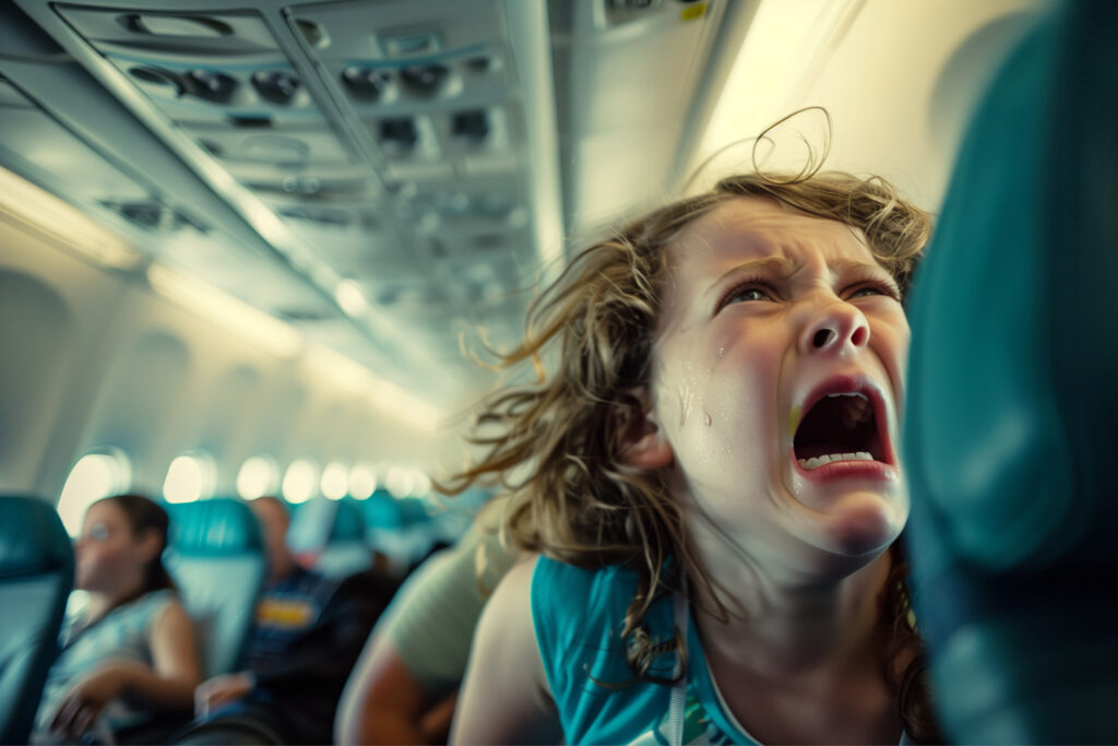 FLIGHT FROM HELL. PICTURE OF A GIRL SCREAMING ON FLIGHT.