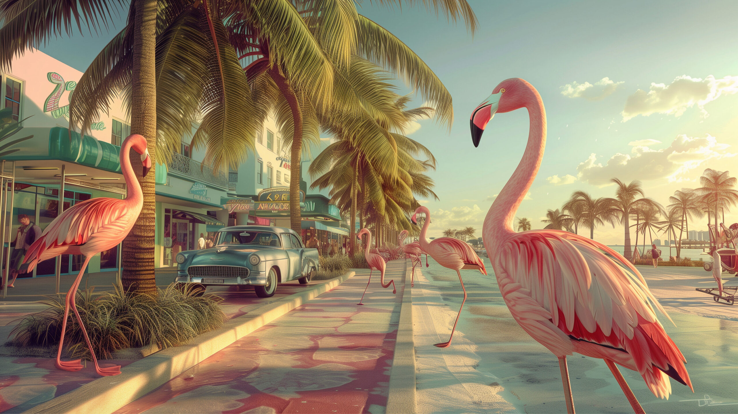 picture of ocean drive and flamingos